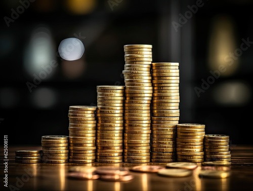 Stacks of yellow coins on the table on a dark background with a young green sprout.