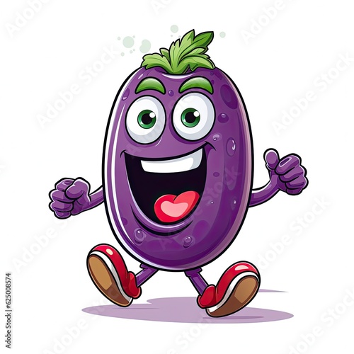 Cartoon character eggplant depicting a happy greeting  isolated on a white background. Created by AI.