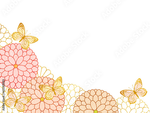 菊の花と蝶の上品な和風フレーム背景イラスト