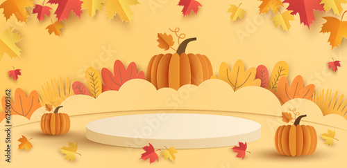 Paper cut of white cylinder podium, geometric shapes with autumn landscape for products display presentation. Vector illustration