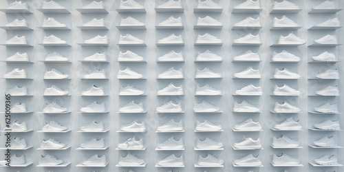 Store wall with large group of white sneakers
