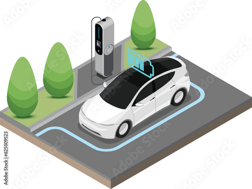 EV Electric Car stop at Charging Station Ecology cut inside show Battery Concept isometric isolated vector