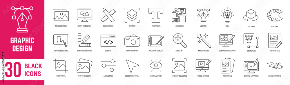 Graphic Design thin line icons set. Graphic, design, creative package, stationary digital art, tools, portfolio, colours and software. Vector illustration Graphic Design thin line icons set. Graphic, design, creative package, stationary digital art, tools, portfolio, colours and software. Vector illustration