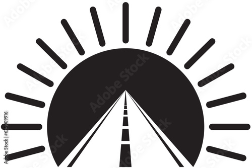 Transport icon vector illustration, of a road and a shining sun. Black and white monochrome.