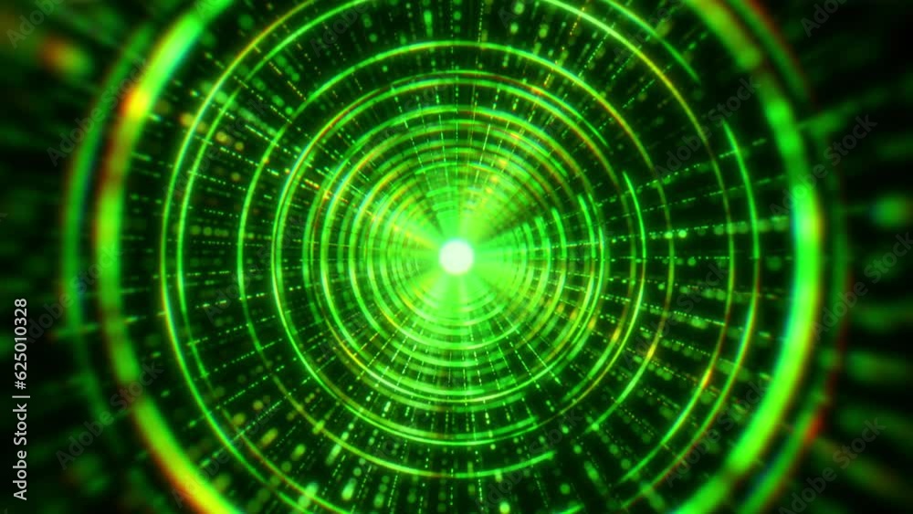 Video animation of circles in a tunnel with particles moving against a dark background - abstract background