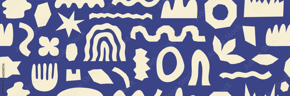 Abstract seamless pattern with beige organic cut out shapes on a blue background. Trendy vector collage. Horizontal background Abstract seamless pattern with beige organic cut out shapes on a blue background. Trendy vector collage. Horizontal background
