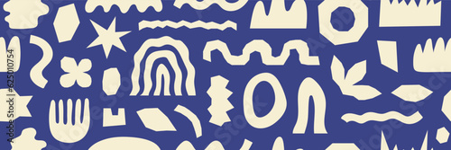 Abstract seamless pattern with beige organic cut out shapes on a blue background. Trendy vector collage. Horizontal background