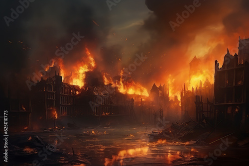 City in fire. Ai art. Abandoned buildings © Ara Hovhannisyan