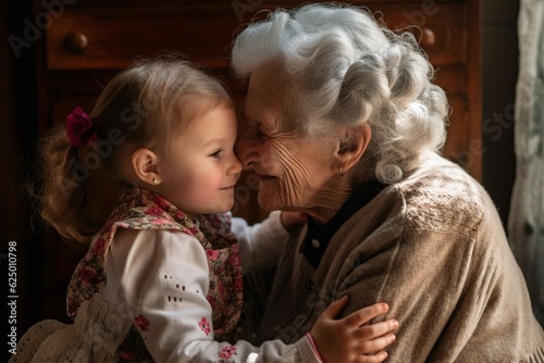 little girl hugging grandmother, lovely scene of a kid with grandma, smiling on grandparents day