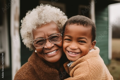 little boy hugging grandmother, lovely scene of an african american kid with black grandma, smiling on grandparents day