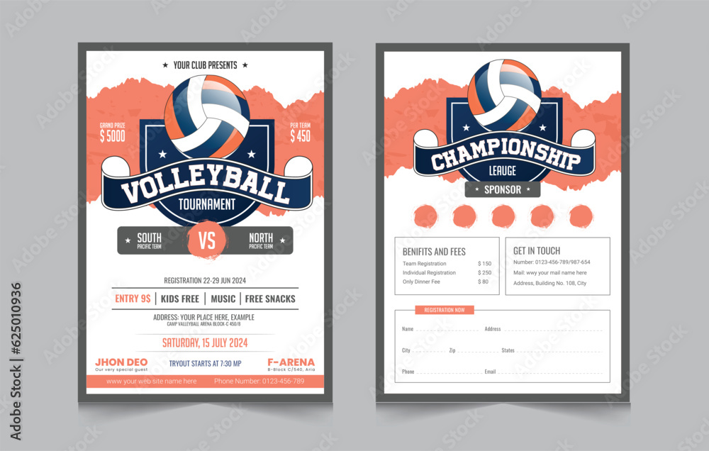 Volleyball championship flyer layout, double sided poster design for Volleyball tournament, vector illustration eps 10 Volleyball championship flyer layout, double sided poster design for Volleyball tournament, vector illustration eps 10