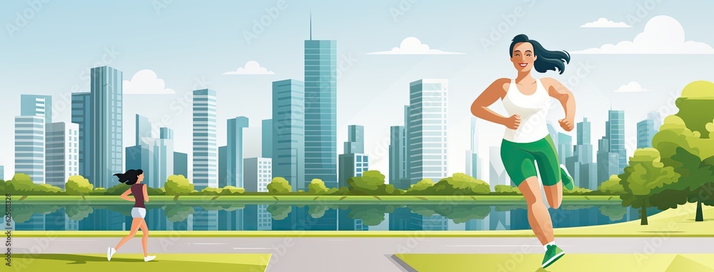 A beautiful slender girl runs against the background of a modern city.The illustration is flat. Created by AI.
