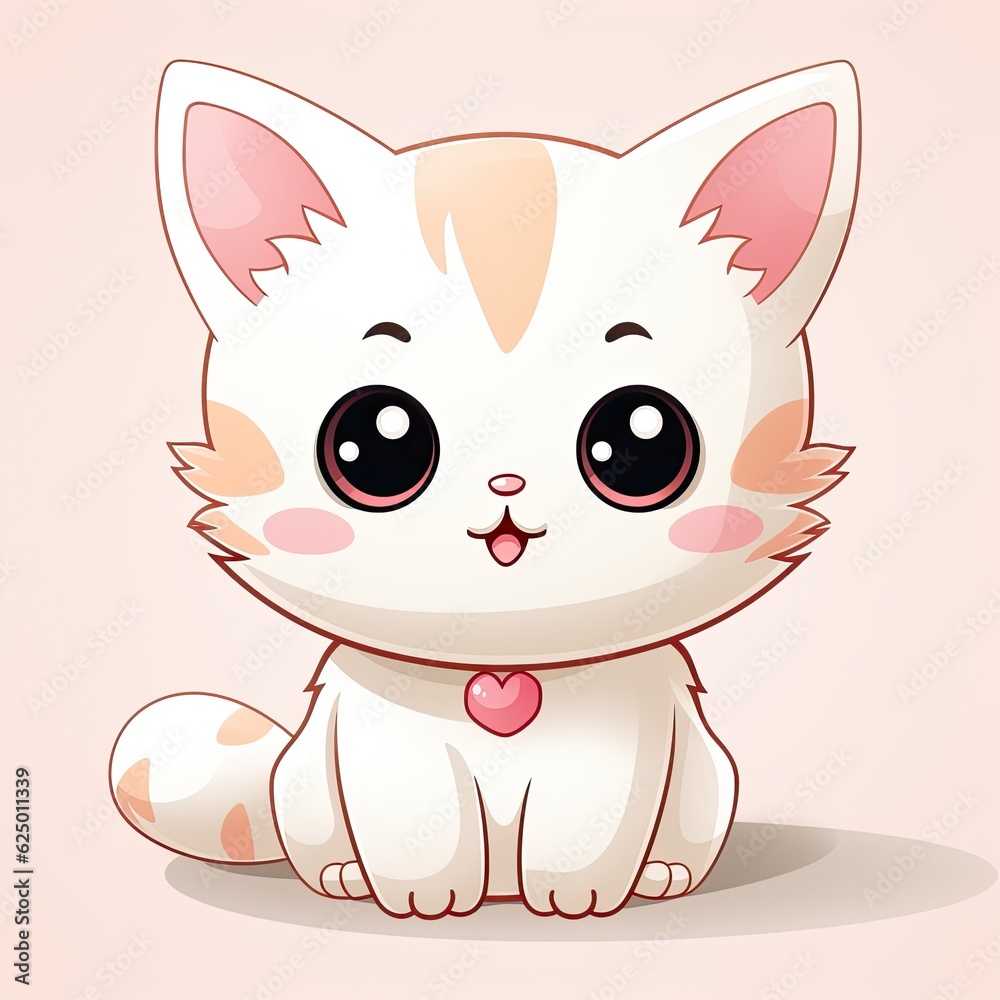 Funny white cartoon kitty on a white background. ICreated by AI.