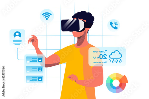 Man wearing AR Smart Glasses to Work in a Display Application. Flat Character Entering Virtual Simulation Style illustration. Isolated on White and Grid Background. Mockup infographic concept.