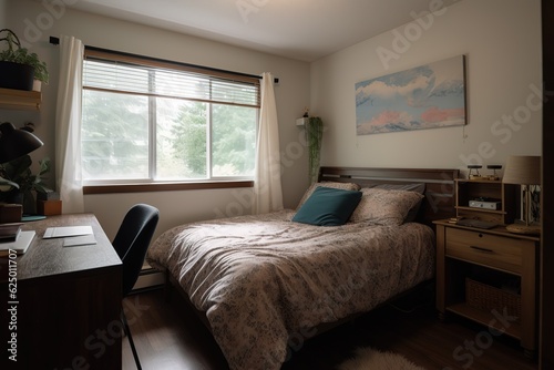 A guest bedroom with a queen sized bed and nightstand at a short term rental small cottage style house. Generative AI © Create image