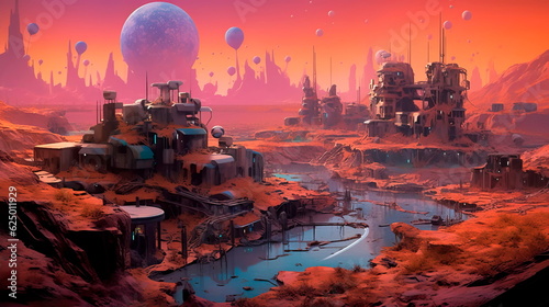 Photographie colony on Mars where people live and adapt to new conditions.