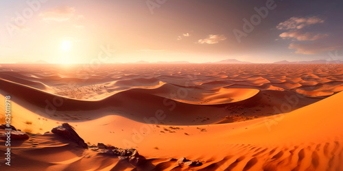 panoramic aerial view of a vast desert landscape  with endless golden sand dunes stretching as far as the eye can see  interspersed with oases and camel caravans. Generative AI