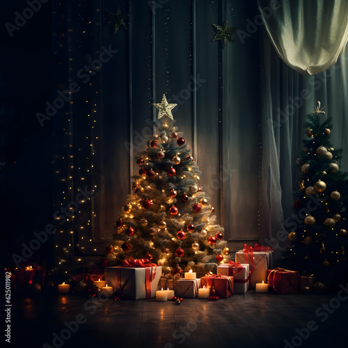 A decorated christmas tree with lights and presents
