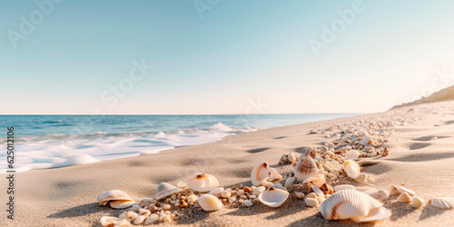 Serene sandy beach with gentle waves lapping the shore and seashells scattered along Generative AI