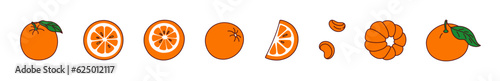 Set of hand-drawn orange or mandarin on a transparent background. Isolated vector illustration of juicy fruits