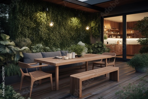 Cozy Outdoor Alfresco Dining Setting with Modern Patio and Fairy Lights. Generative AI