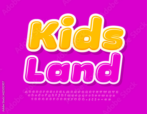 Vector Glossy Emblem Kids Land. Cute Pink Font for Children. Creative Alphabet Letters and Numbers
