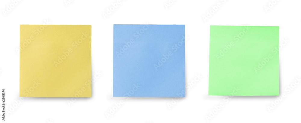 three blank sticky notes isolated on white background. Mockup sticky Note Paper. Use post it notes to share idea on sticky note. sheets for notes.