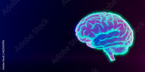Fototapeta Naklejka Na Ścianę i Meble -  Abstract brain hologram. copy space. Artificial Intelligence, neuronets. futuristic hologram of brain on black background and glowing blue. Digital Brain big Data. 3d rendering