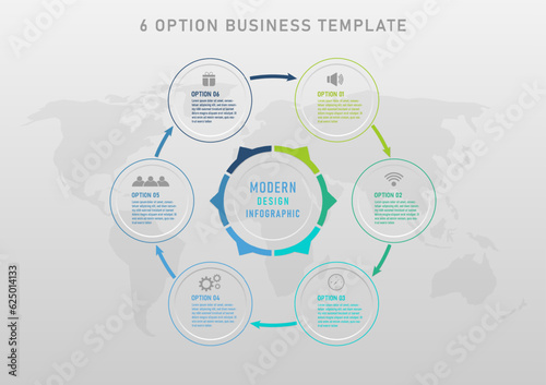 infographic template 6 options circle with multi colored borders outside Colored letters and icons in the middle of the directional arrows. circle inside the letters in the center of the map below.
