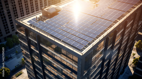 BIPV thin film solar panel on rooftop of an urban high rise building during a bright sunny day. Isometric view. Generative AI. © CSS Studio
