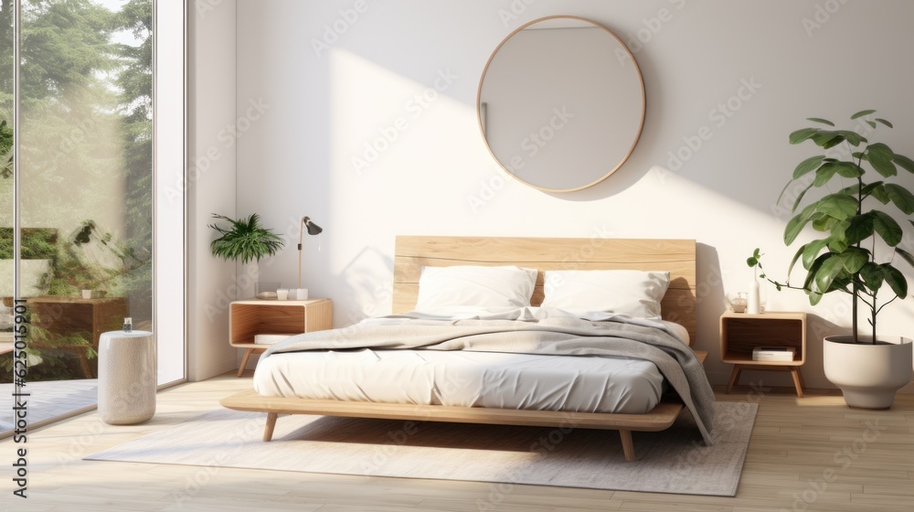 Early in the morning in a modern and bright white bedroom with wooden furniture, cushions, blankets, food tray on the bed. bedside table and round mirror hanging on the wall