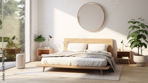 Early in the morning in a modern and bright white bedroom with wooden furniture  cushions  blankets  food tray on the bed. bedside table and round mirror hanging on the wall