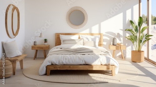 Early in the morning in a modern and bright white bedroom with wooden furniture, cushions, blankets, food tray on the bed. bedside table and round mirror hanging on the wall