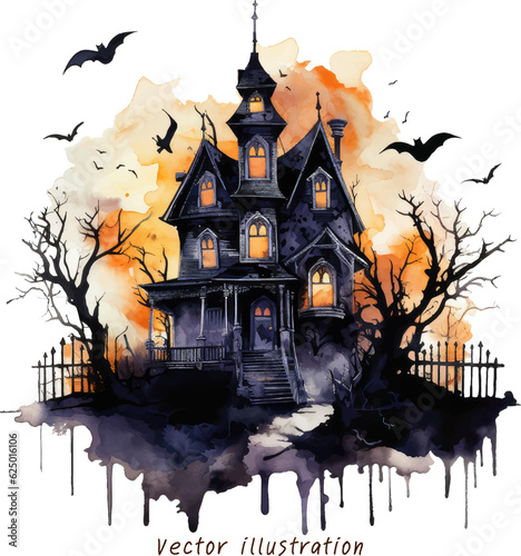 Fotografie, Tablou watercolor halloween haunted house castle  vector illustration