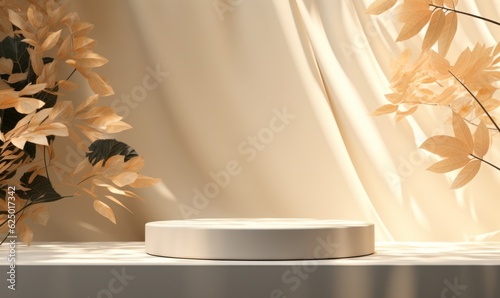 Modern and luxury empty beige round podium with curtain and leaves in beige room with shadow light background. Elegant scene for product photography