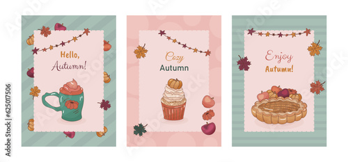 Set of autumn cards with cozy objects. Pumpkin latte, pumpkin cupcake, homemade pie, maple leaves, cute garland on retro background. Colorful vector design of postcard, poster, banner, flyer, web.