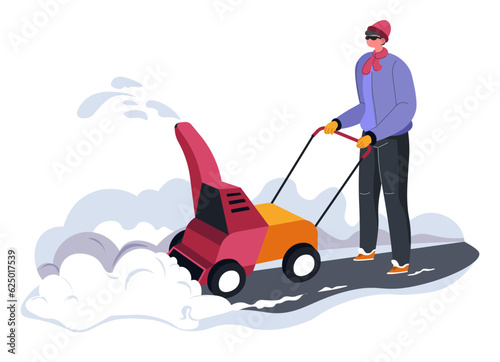 Person cleaning snow outside with help of machine