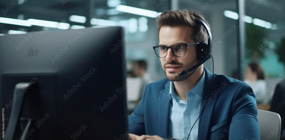 Serious young Caucasian man with headset, successful call centre worker Serious young Caucasian man with headset, successful call centre worker