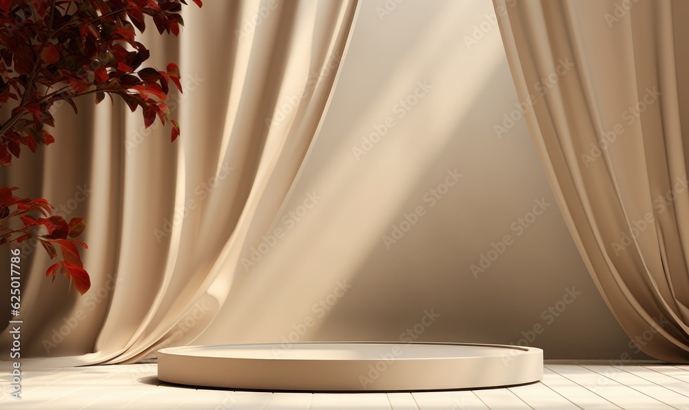 Modern and luxury empty beige round podium with red curtain and dry leaves in beige room with shadow light background. Elegant scene for product photography