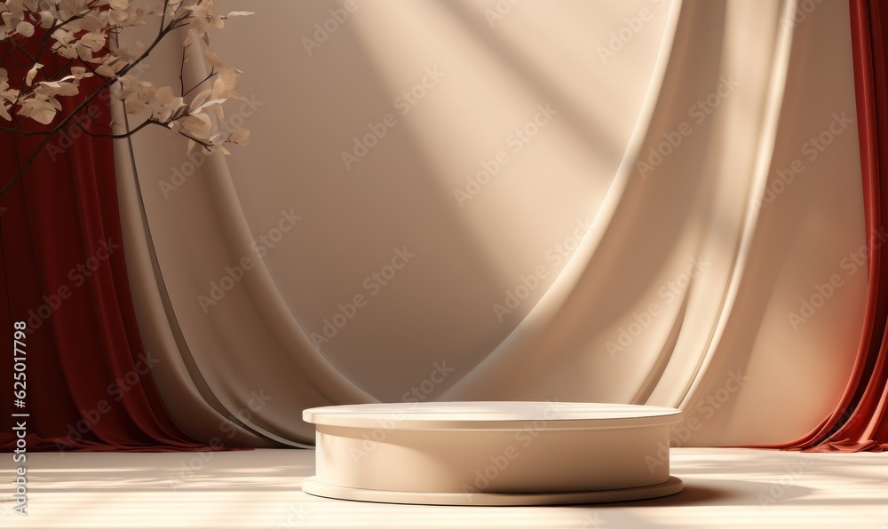 Modern and luxury empty beige round podium with red curtain and dry leaves in beige room with shadow light background. Elegant scene for product photography