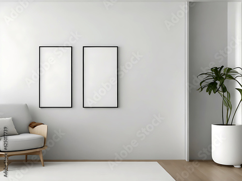 Blank Wooden Picture Frame Mockup On Wall In Modern Interior. Horizontal Artwork Template Mock-Up For Artwork, Painting, Photo Or Poster In Interior Design