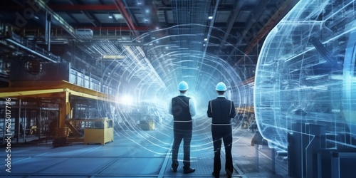 Team of engineers and professional workers in hard hats, on the modern and technological industry