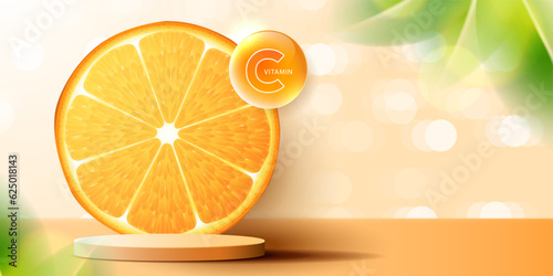 Cosmetics vitamin C or skin care product ads with bottle, realistic package mockup. banner ad for beauty products and orange background. vector design.