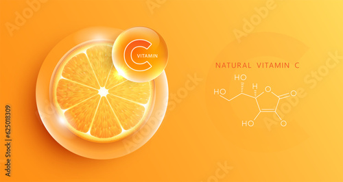 Drop water vitamin c orange and structure. vitamin solution complex with chemical formula from nature. beauty treatment nutrition skin care design. medical and scientific concepts for cosmetic.
