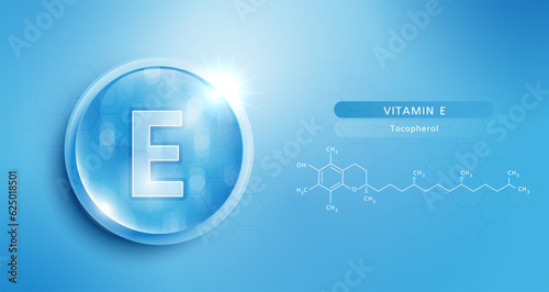 Drop water vitamin E blue and structure. vitamin solution complex with chemical formula from nature. beauty treatment nutrition skin care design. medical and scientific concepts for cosmetic. vector.