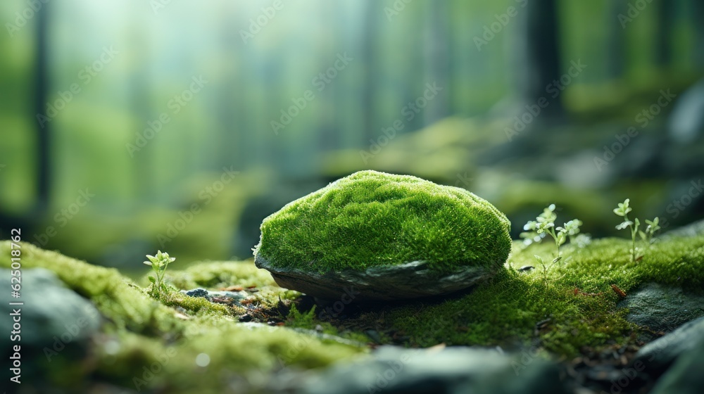 Stone covered with green moss on blurred forest background. Close up. Nature background with copy space for your design. Stone covered with green moss on blurred forest background. Close up. Nature background with copy space for your design.