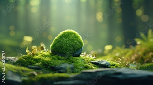 Stone covered with green moss on blurred forest background. Close up. Nature background with copy space for your design.
