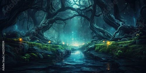 Mystical forest at night with glowing light. Generative AI image