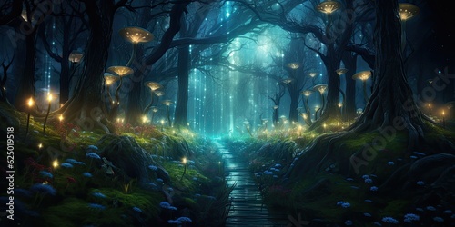 Mystical forest at night with glowing light. Generative AI image © Thuy Nguyen