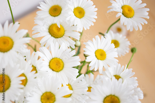 Top view of a bouquet of daisies standing on the table close-up.